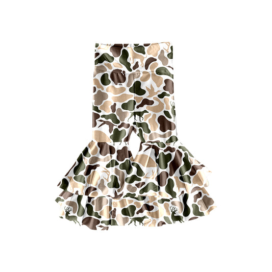 MOQ 8 Preorder P0890 Deer Puppy Duck Hunting Camouflage Double Ruffle Yoga Bell Bottom Girls Pants 202509