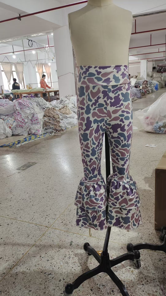 NO MOQ Preorder P0891 Purple Camouflage Double Ruffle Yoga Bell Bottom Girls Pants 202511