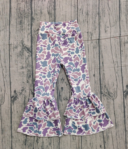 NO MOQ Preorder P0891 Purple Camouflage Double Ruffle Yoga Bell Bottom Girls Pants 202511