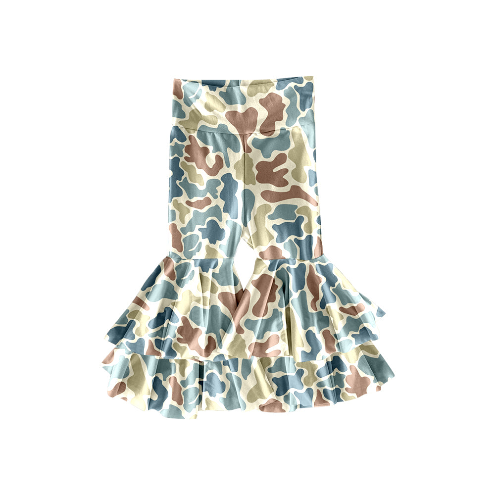 MOQ 8 Preorder P0892 Green Blue Camouflage Double Ruffle Yoga Bell Bottom Girls Pants 202509
