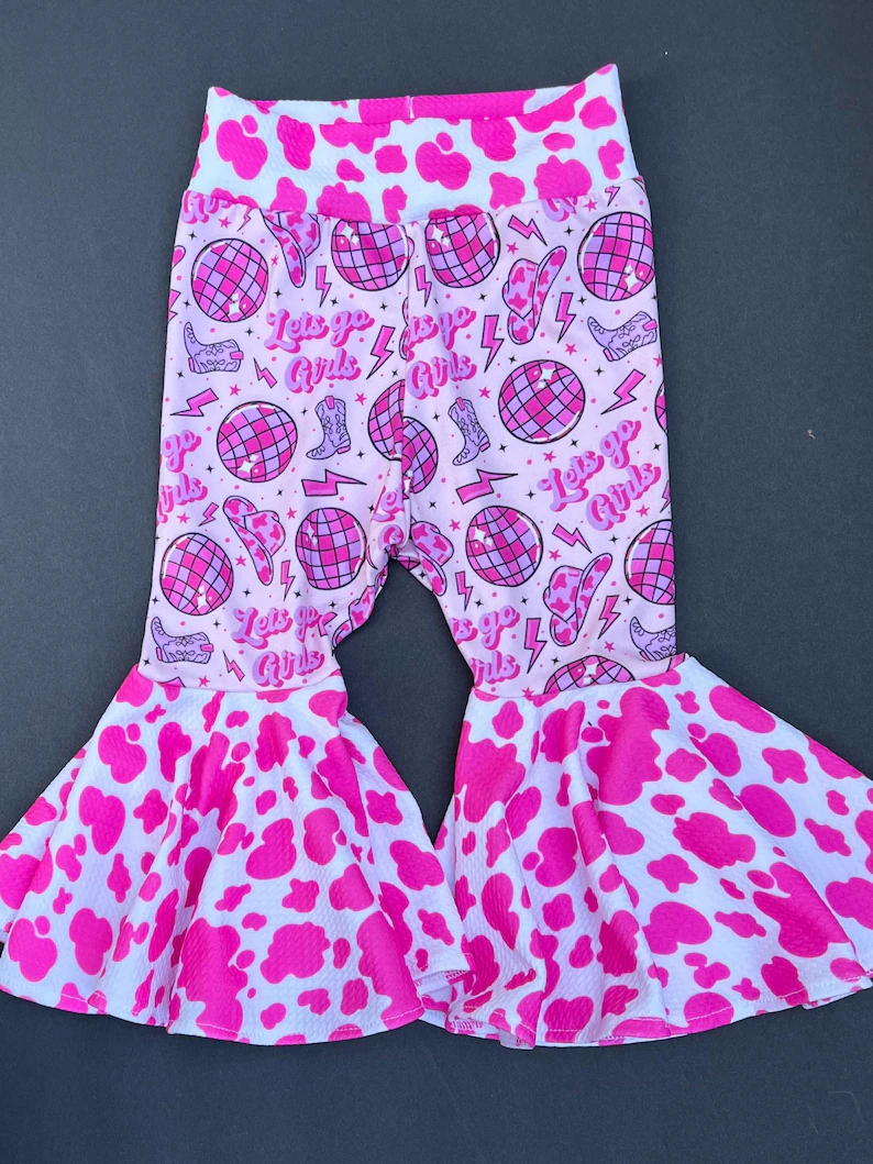 MOQ 5 Preorder P0943 let's go girls lightning ball boots rose red cow pattern bell bottom pants 202510