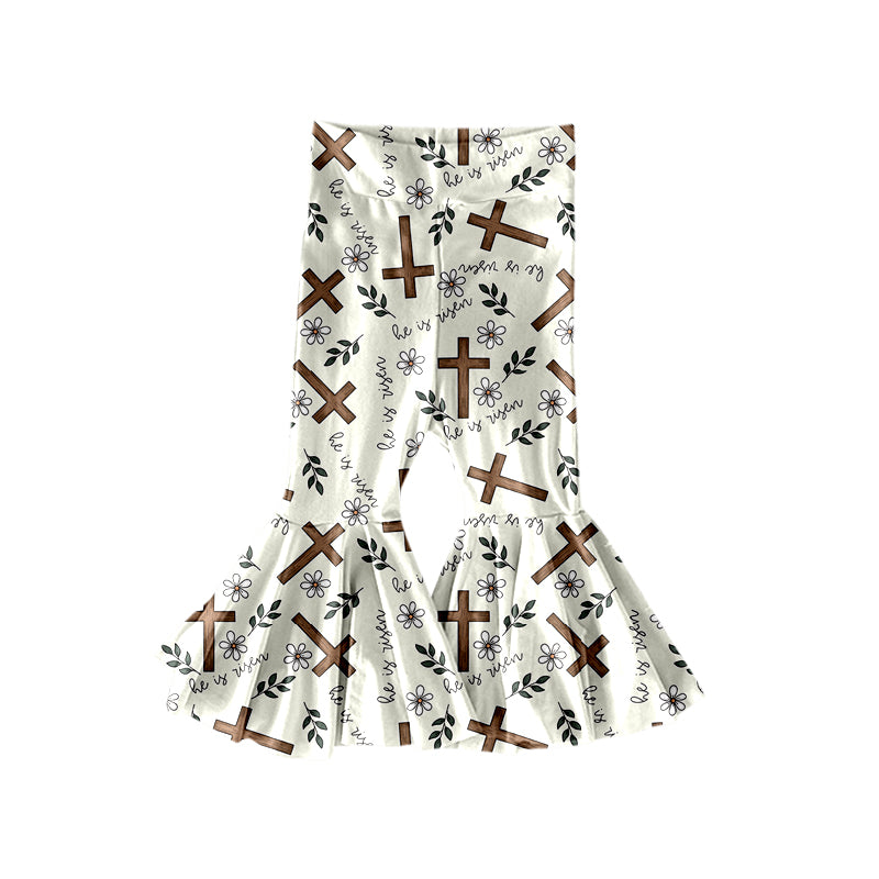 MOQ 5 Preorder P0948 He is Risen Easter Cross Flower Leaf Girls Beige Bell Bottom Pants 202510