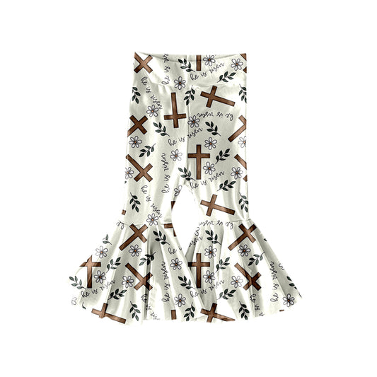 MOQ 5 Preorder P0948 He is Risen Easter Cross Flower Leaf Girls Beige Bell Bottom Pants 202510