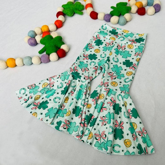 MOQ 5 PCS Preorder P1002 St Patrick's Day Four-Leaf Clover Gold Coin Star Green Girls Bell Bottom Pants 202511