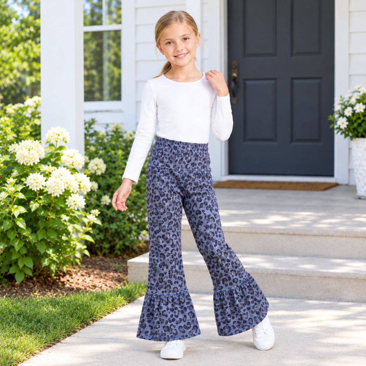 P1055 Leopard Gray Blue Yoga Girls Wide Leg Pants