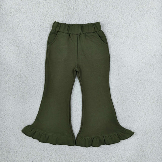 P1075 Thick Sweatpants Solid Color Dark Green Girls Fared Pants