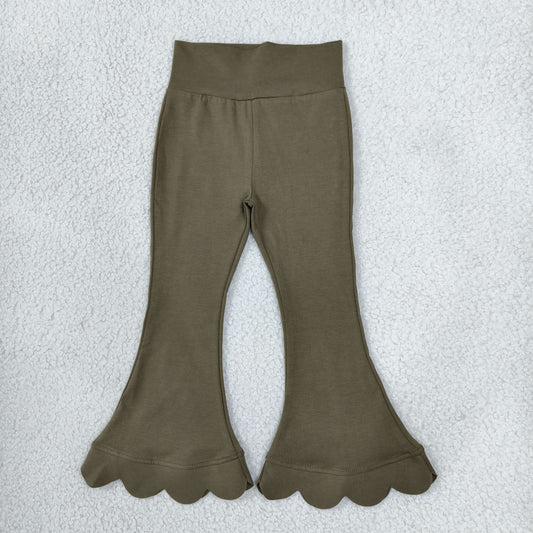 P1080 Solid Color Olive Green Scallop Edge Girls Fared Pants