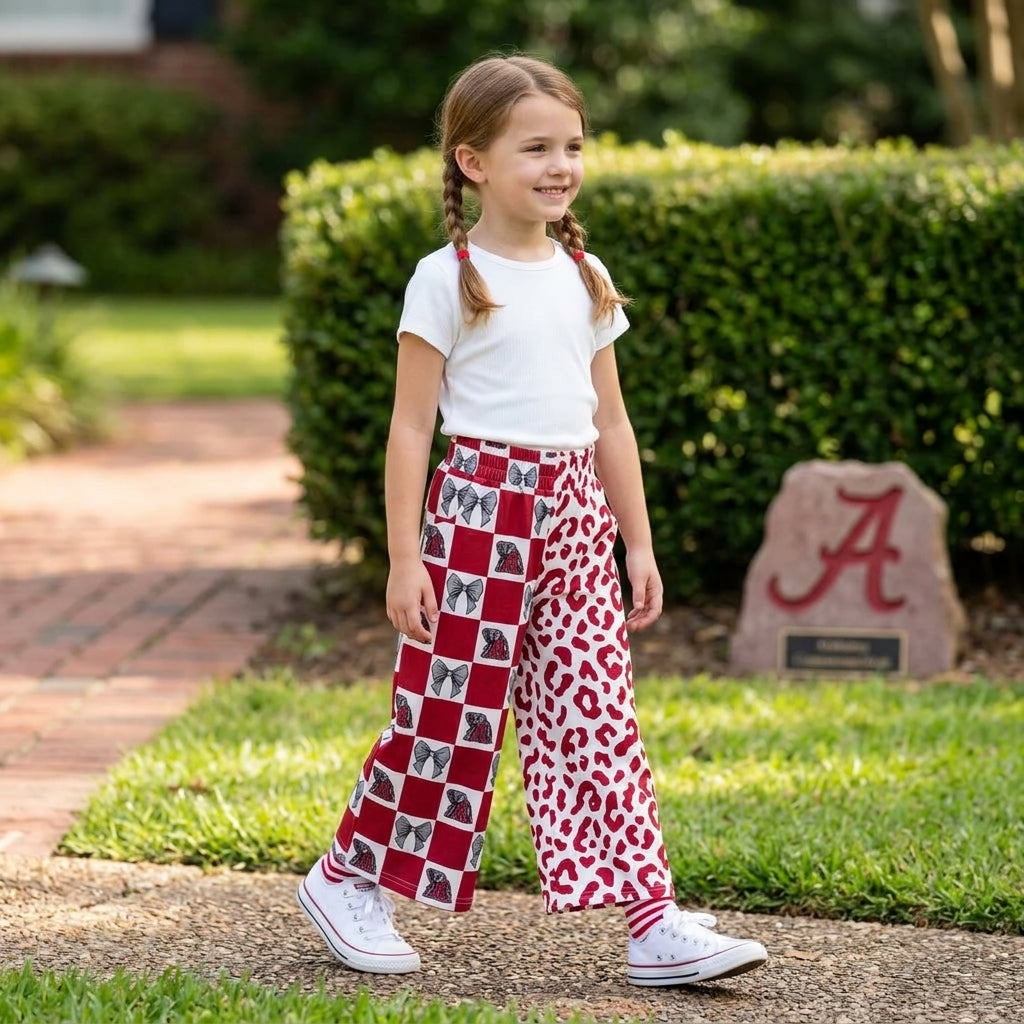 P1123 Team Mascot Bows Plaid Leopard Red Girls Wide Leg Pants