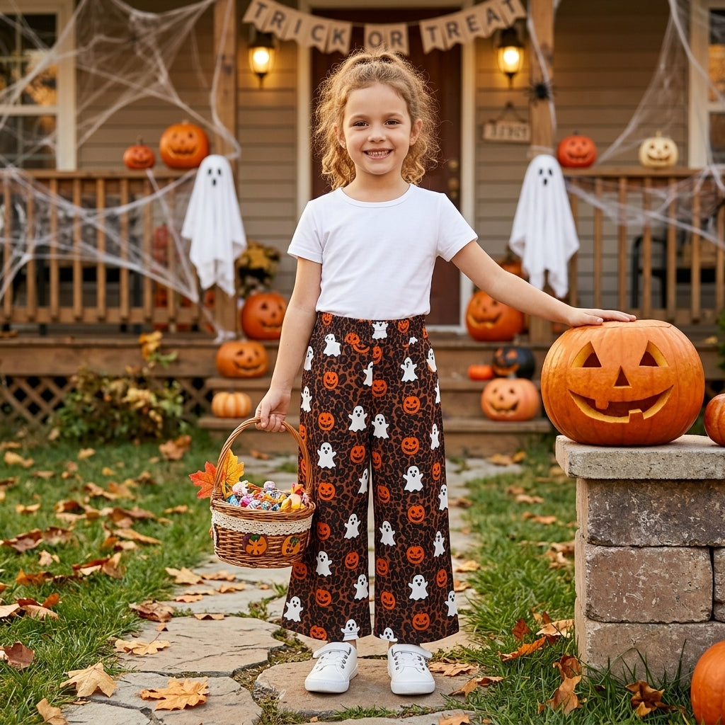 P1135 Halloween Ghost Pumpkin Leopard Girls Wide Leg Pants