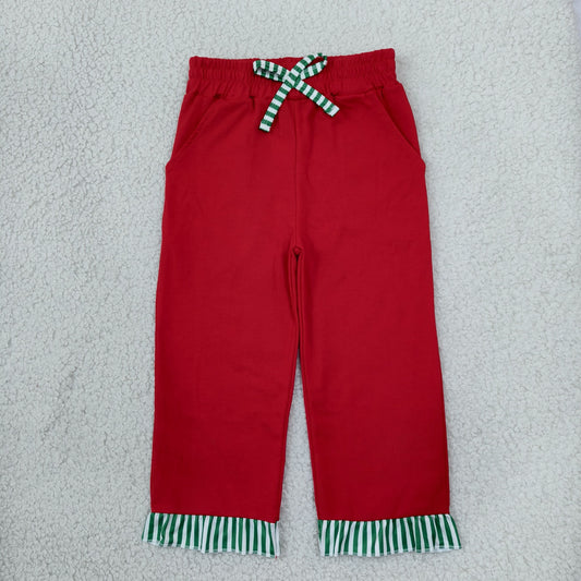 P1153 Christmas Bows Green Stripe Ruffles Red Girls Pants