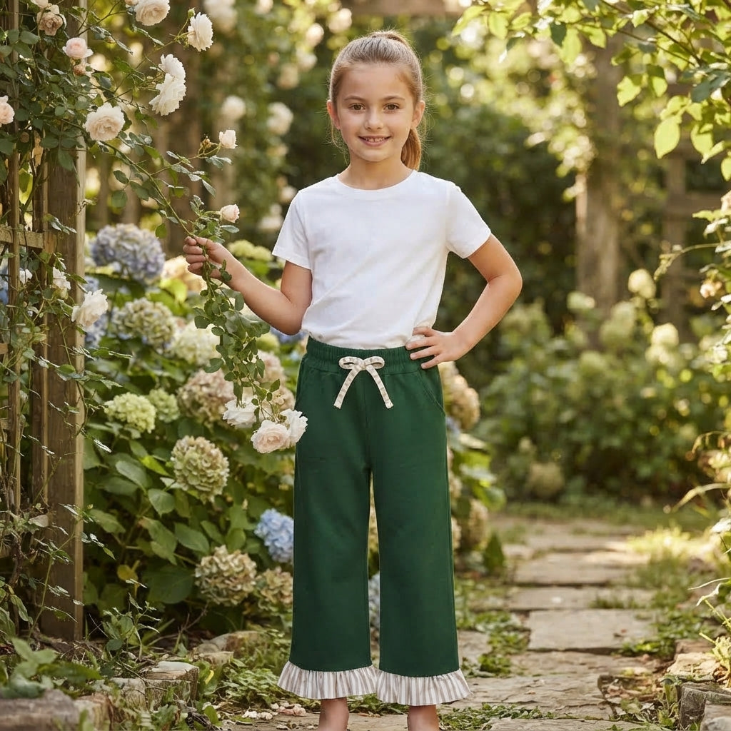 P1154 Solid Color Stripe Ruffles Dark Green Girls Pants