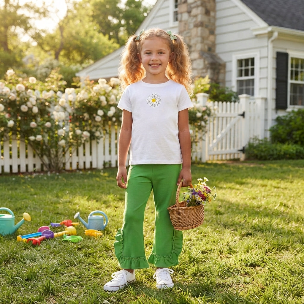 P1165 Solid Green Ruffles Girls Pants