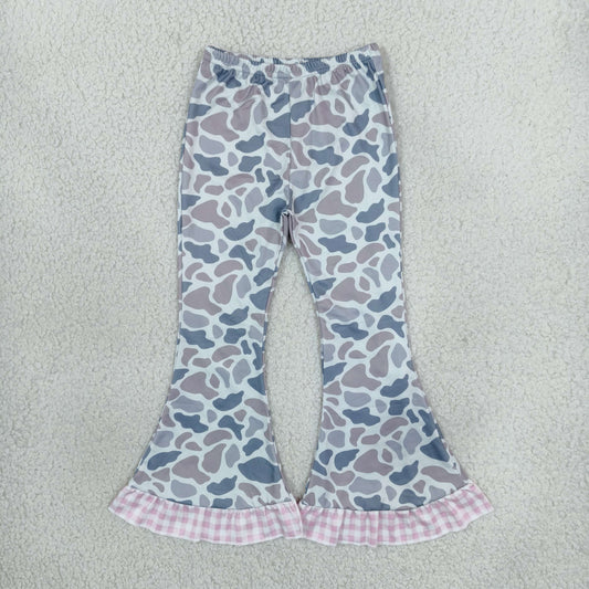 P1185 Hunting Camo Pink Plaid Ruffles Girls Flared Pants
