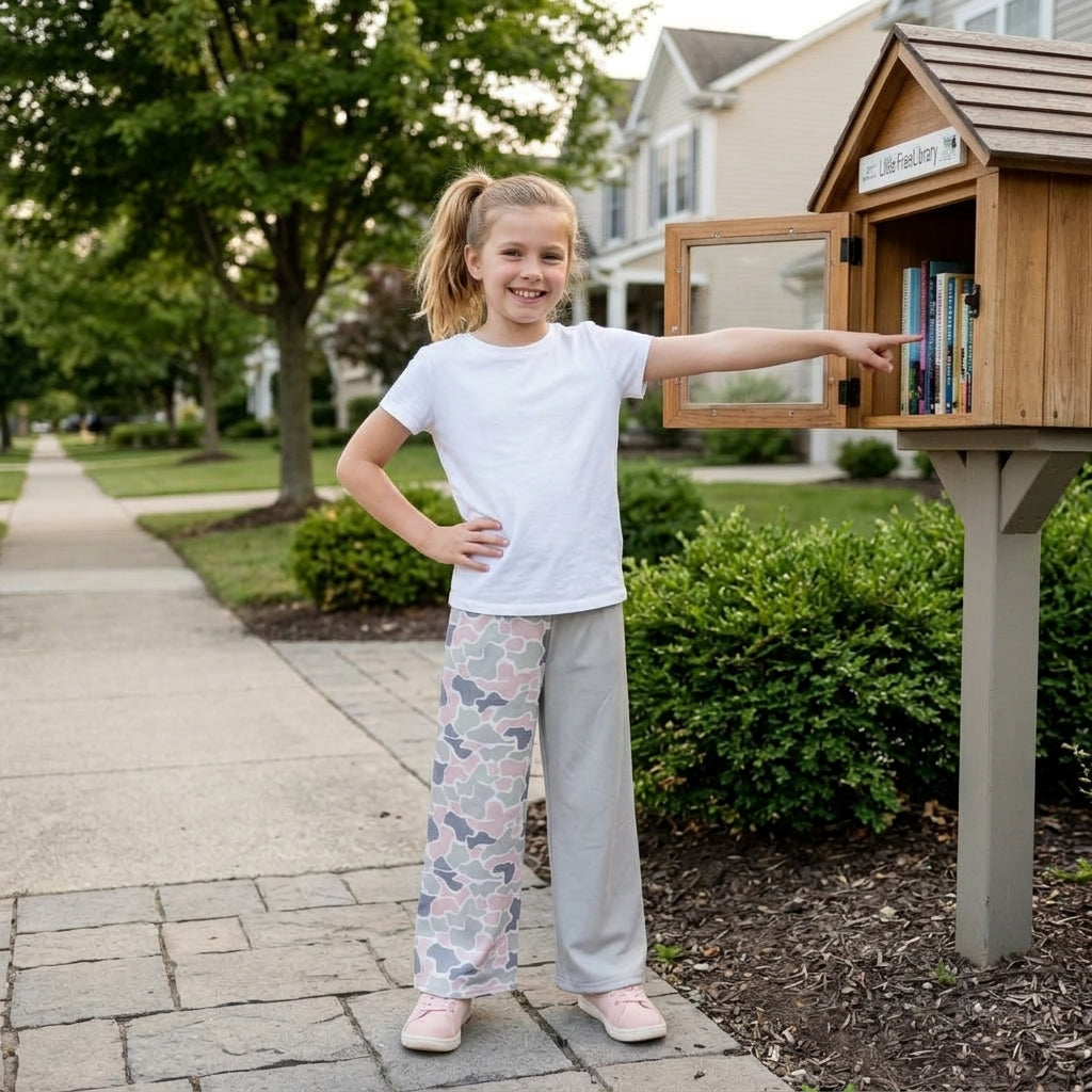 P1226 Hunting Camo Gray Green Girls Wide Leg Pants