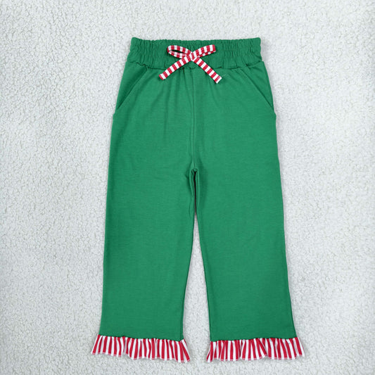P1254 Christmas Solid Color Red Stripe Ruffles Green Girls Pants