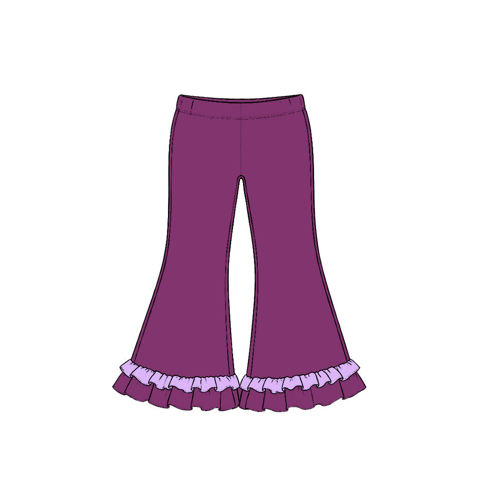Preorder MOQ 5 pcs GLP4063 Flower Pattern Solid Color Cotton Ruffles Purple Girls Set