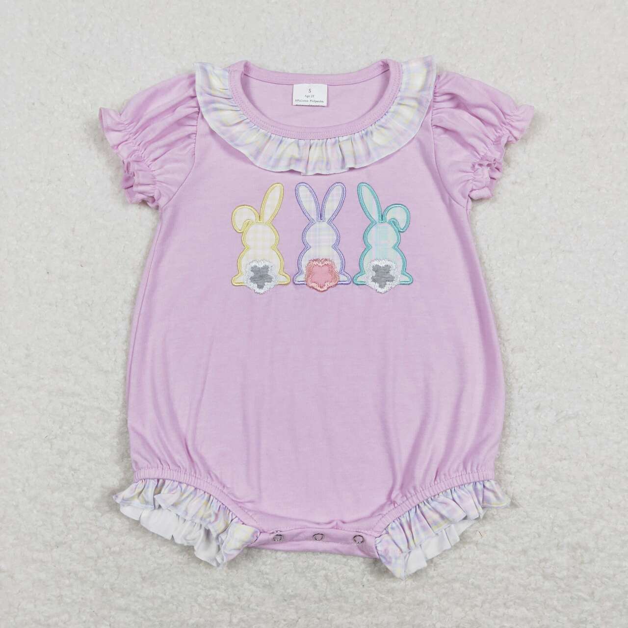 SR0499 Easter Rabbit Purple Embroidery Girls Short Sleeve Romper