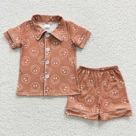 BSSO0274 Brown Emoji Smile Collar Boys Short Sleeve Shorts Outfits Pajamas
