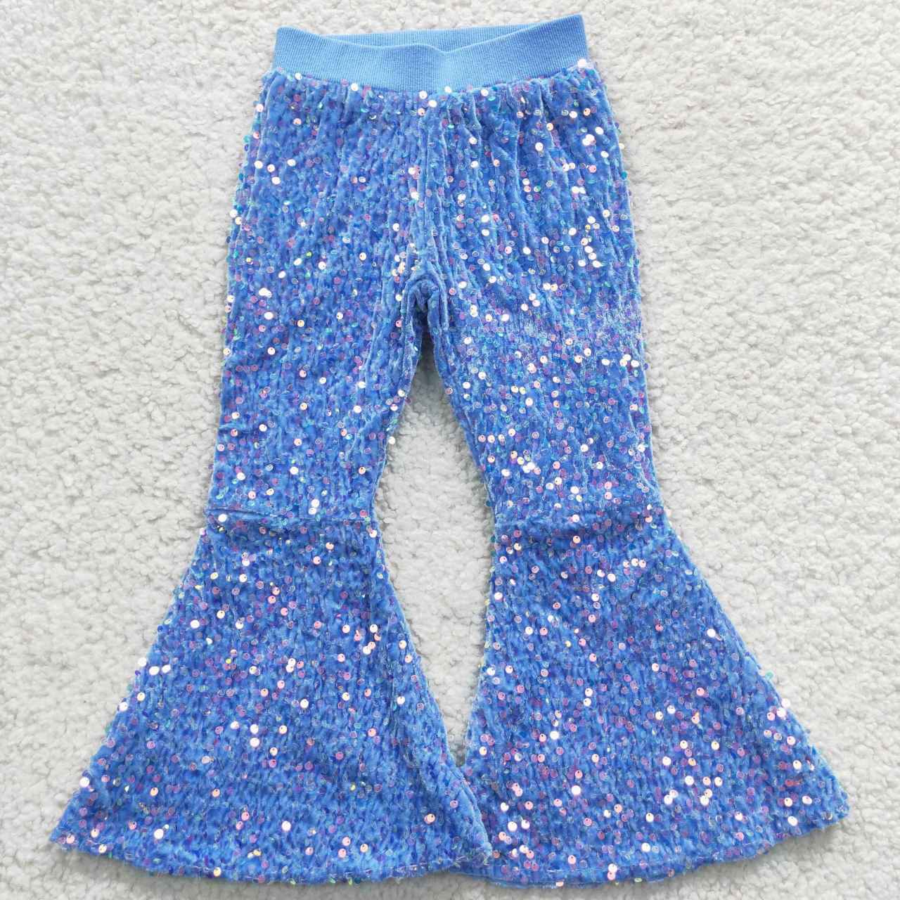 P0111 Blue Sequin Bell-bottom Kids Long Pants