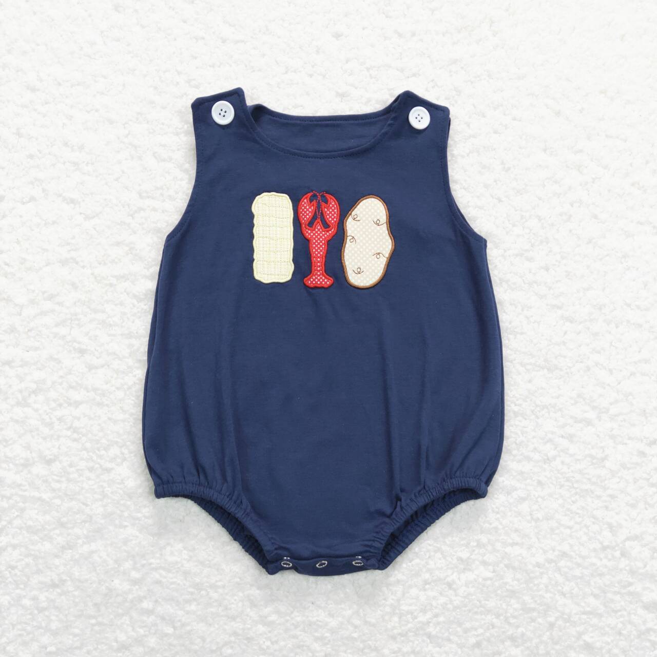 SR0740 Red Blue Crayfish Embroidery Girls Short Sleeve Romper