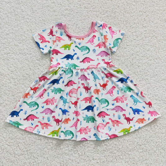 Aa-10 Dinosaur Pink Blue Girls Short Sleeve Dresses