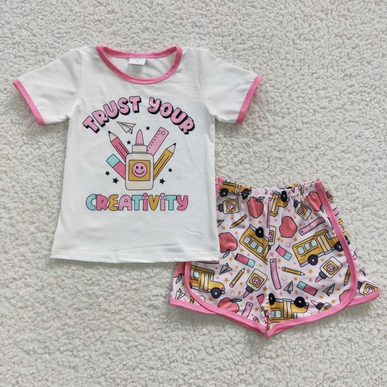 GSSO0336 Trust Your Creativity Pink Back To School Girls Flutter Sleeve Shorts Outfits