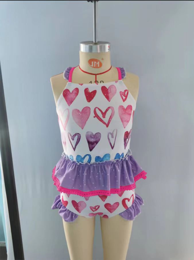 Preorder S0163 Love Purple Floral Girls Swimming Bathing Suits Swimsuits