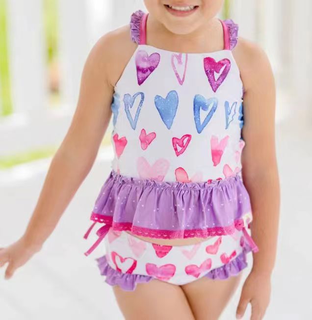 Preorder S0163 Love Purple Floral Girls Swimming Bathing Suits Swimsuits