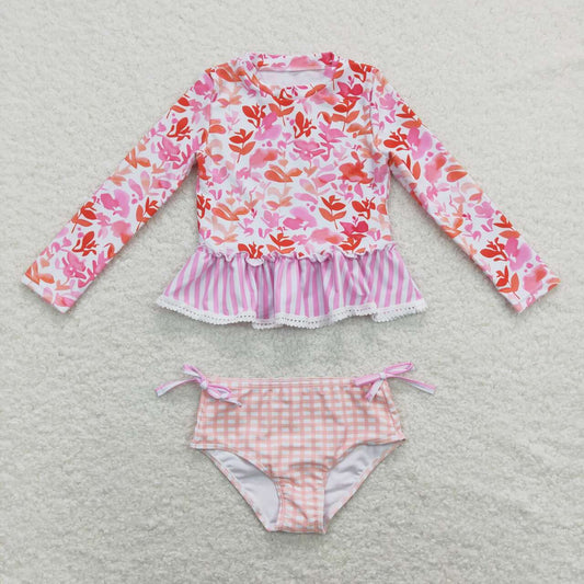 S0166 Pink Floral Girls Swimming Bathing Suits Swimsuits RTS 202507