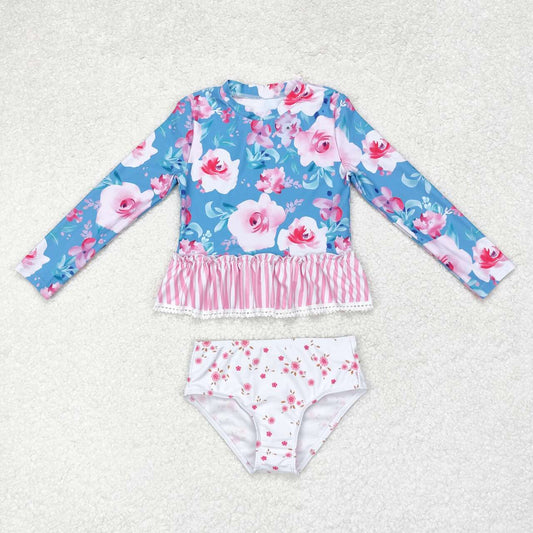 S0168 NO MOQ Flowers pink and white striped lace lace blue and white long sleeve swimsuit western clothes