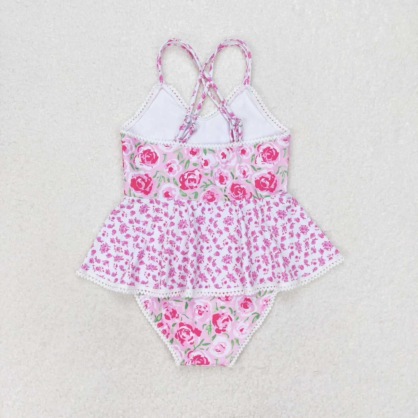 S0247 floral lace pink-and-white suspenders one-piece swimsuit girls clothing sets 13 to 14