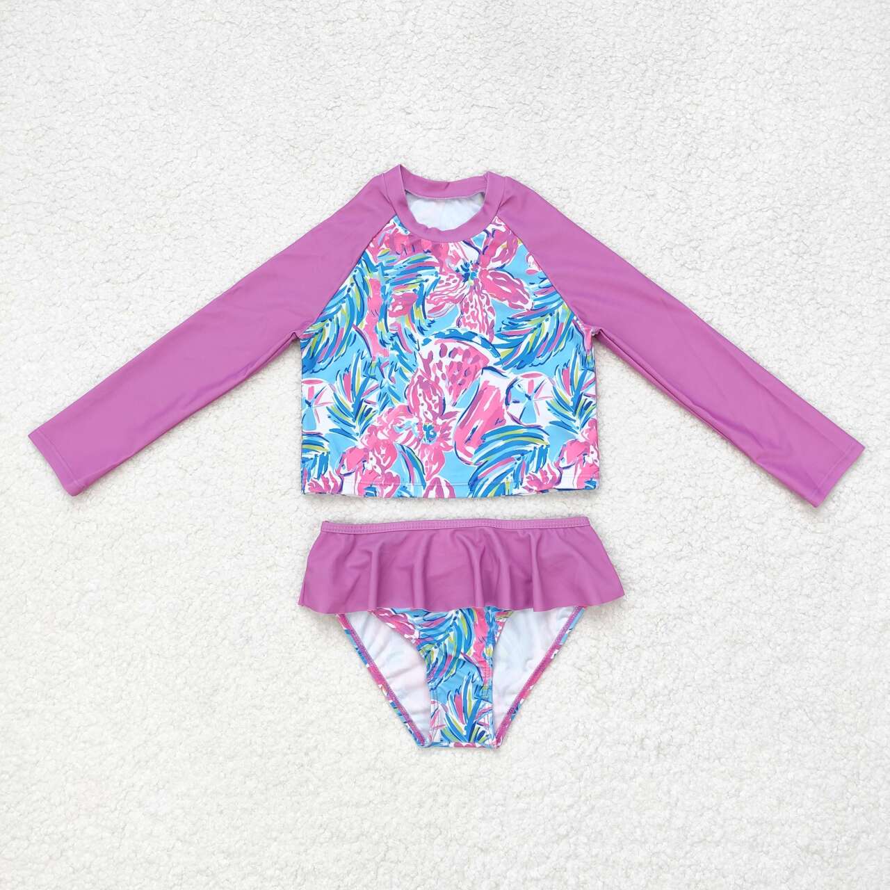 S0259 NO MOQ floral rose-pink lace blue long-sleeved swimsuit western clothes