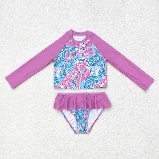 S0259 NO MOQ floral rose-pink lace blue long-sleeved swimsuit western clothes