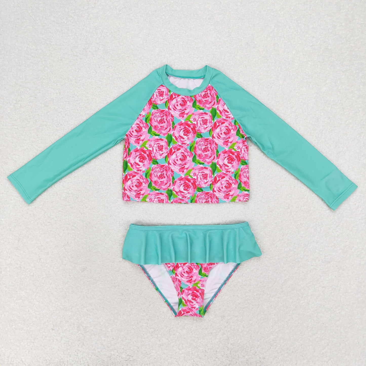 S0260 Floral turquoise lace long-sleeved swimsuit kids swimwear for girls