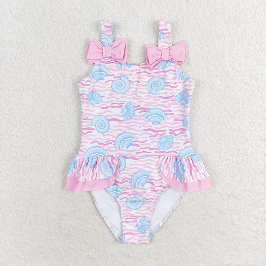 S0274 RTS Shell Wave pink bow one-piece swimsuit