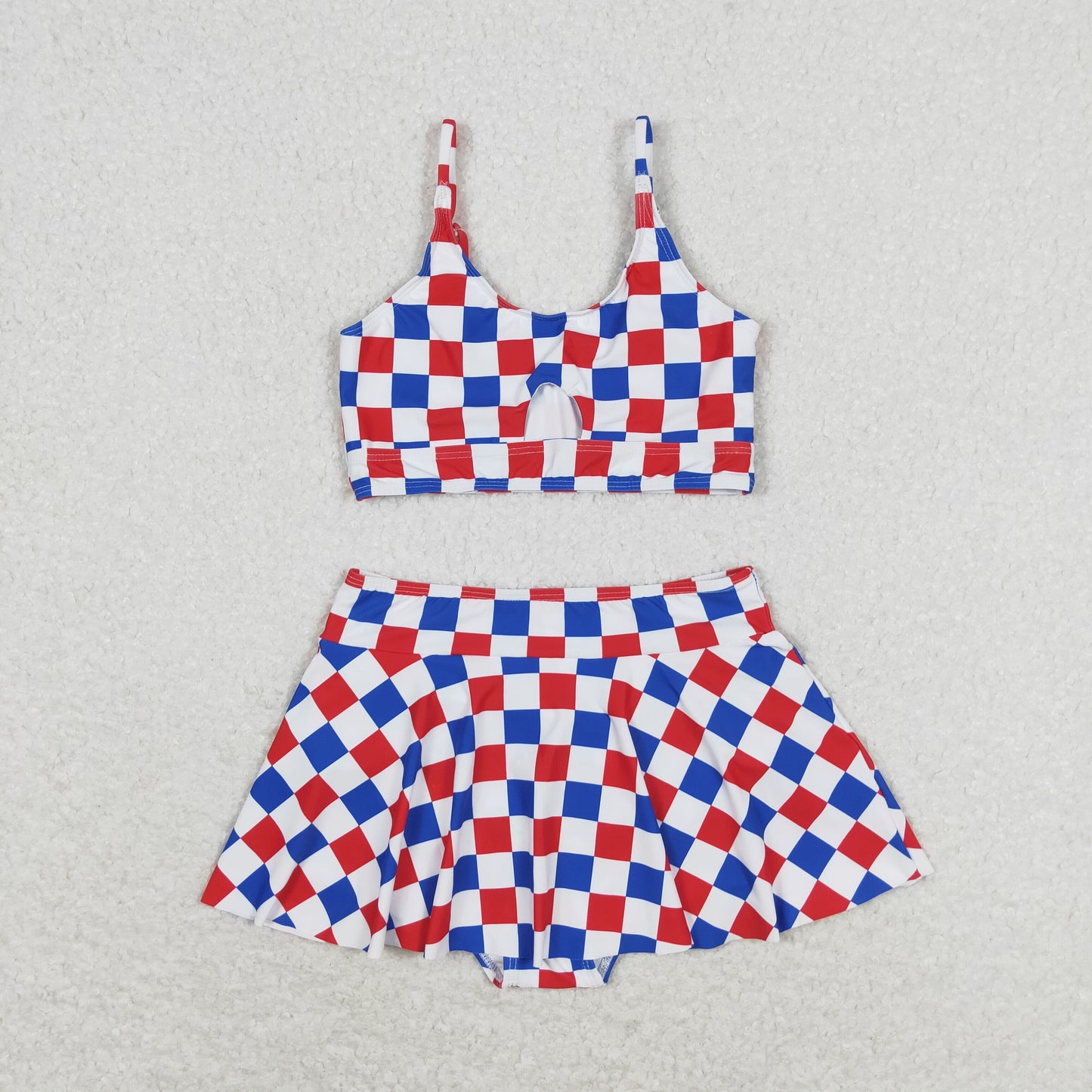 S0287 Red blue and white checkered National Day swimsuit set high quality wholesale girls swimwear