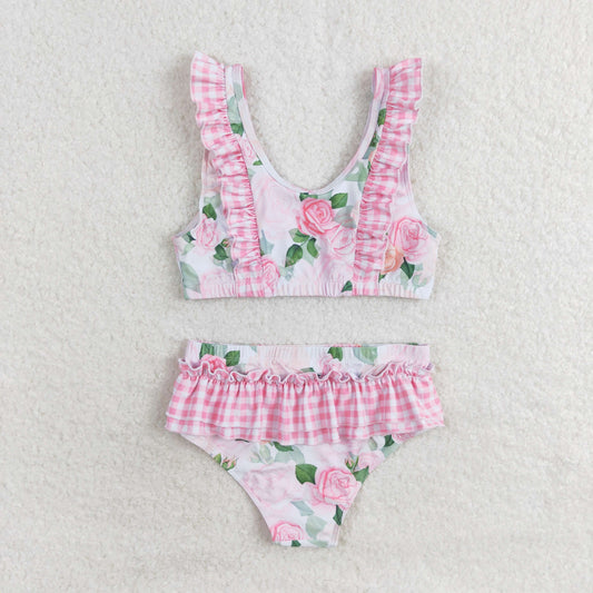 S0318 RTS Floral pink plaid lace bathing suit