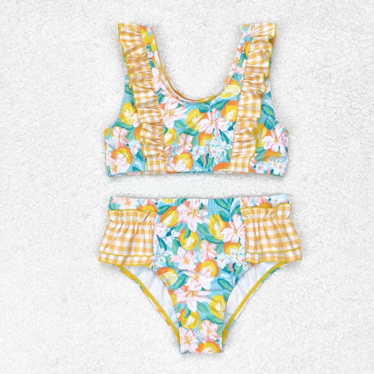 S0343 NO MOQ Floral orange yellow plaid lace blue bathing suit western clothes