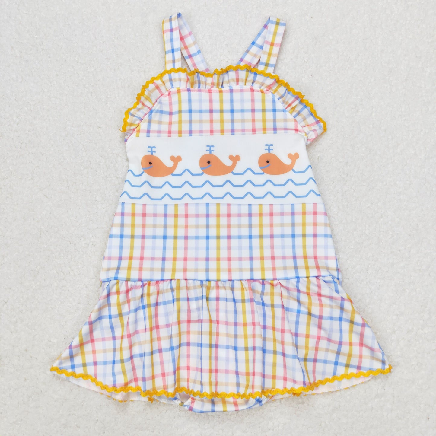 S0396 Whale blue yellow checkered one-piece swimsuit high quality swimwear for girls