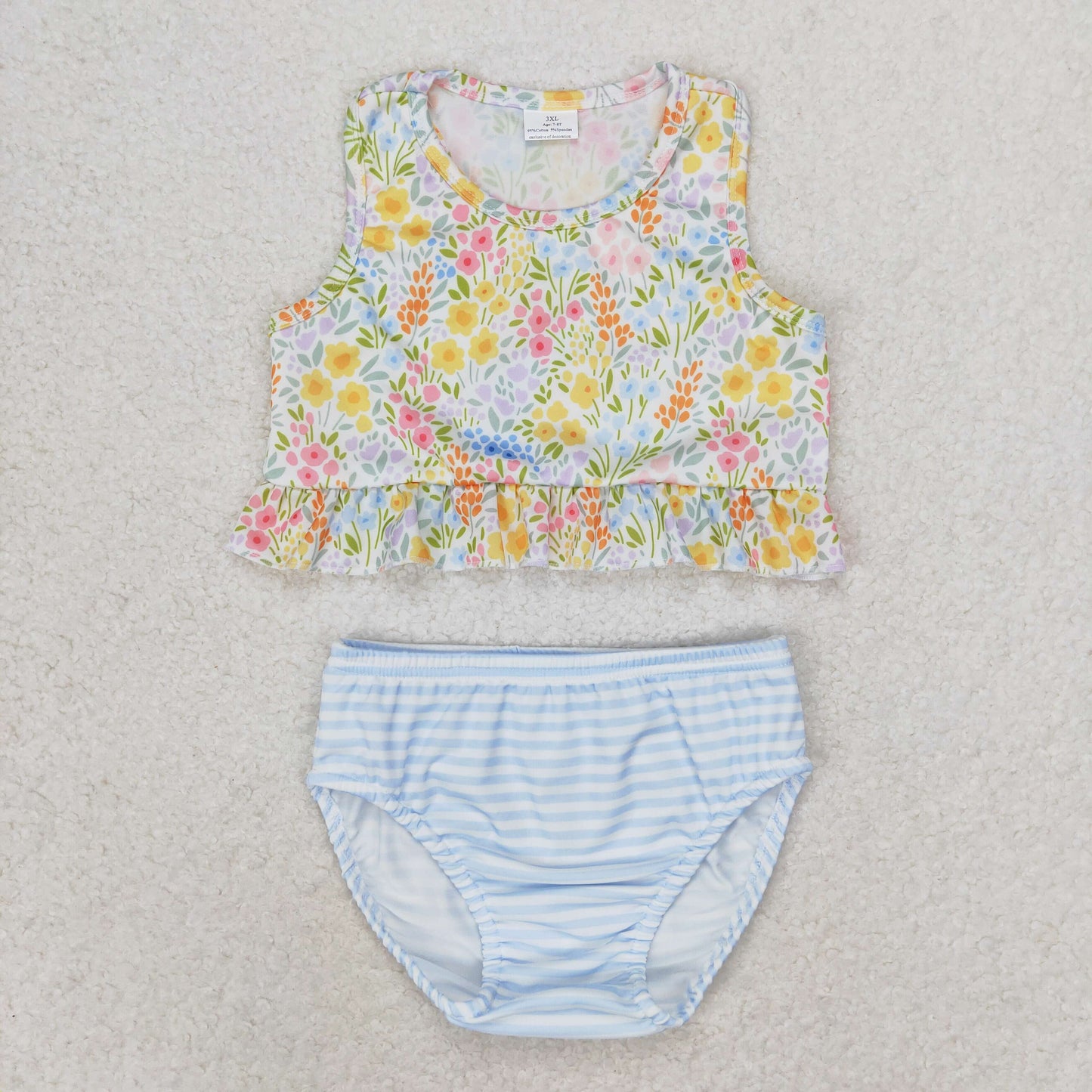S0414 floral blue striped swimsuit set High quality swimwear beachwear kids girls