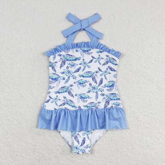 S0430 Turtle blue lace white one-piece swimsuit