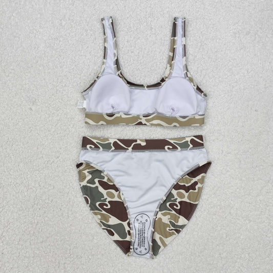 S0569 Women Swimming Suits Brown Green Camo Vest and Briefs Outfits 202507 RTS