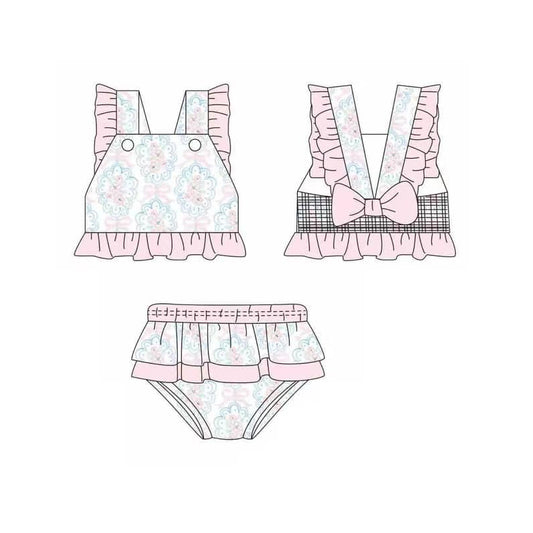 Preorder S0484 Flower Bows Pink Blue Ruffle Vest Briefs Sets Girls Boutique Swimming wear 20250104