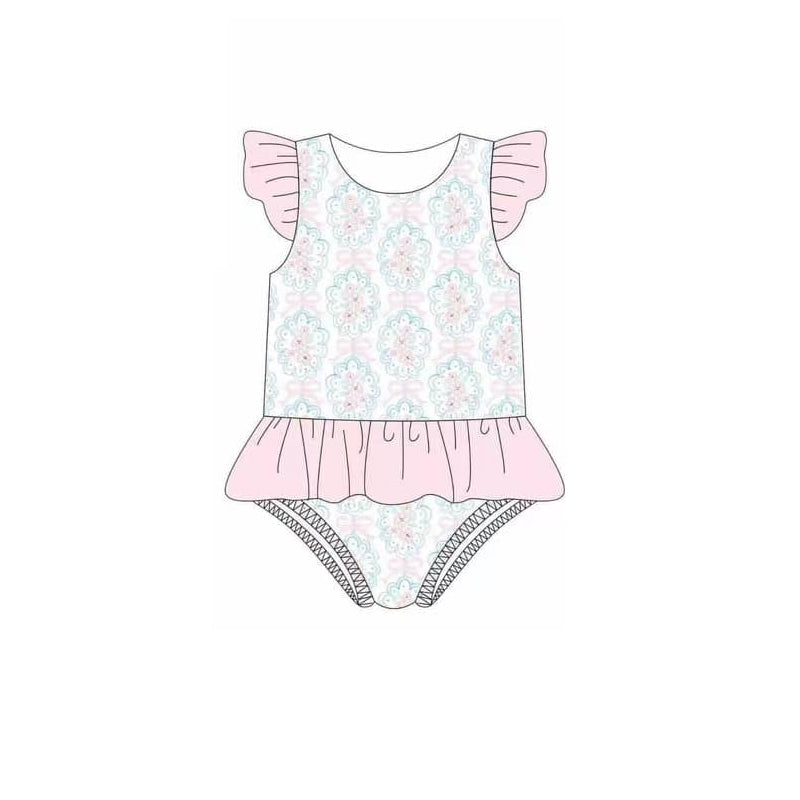 Preorder S0485 Pink Blue Flower Leaf Ruffle Flying Sleeve Dress Ruffle Briefs Rompers Girls Boutique Swimming wear 20250104