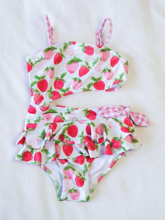 Preorder S0526 Pink strawberry sleeveless vest ruffle briefs swimwear baby girls Boutique Summer clothes 202502