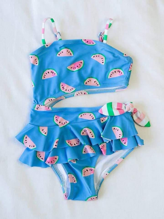 Preorder S0527 Blue watermelon sleeveless vest ruffle briefs swimwear baby girls Boutique Summer clothes 202502