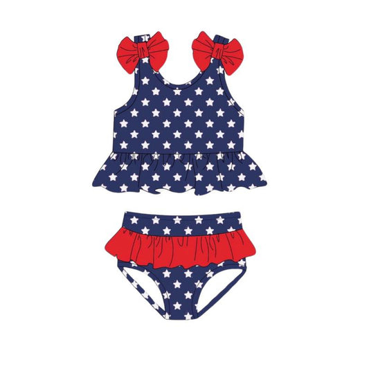 Preorder S0529 Red Bows Ruffle Navy Blue Star Sleeveless top briefs sets Girls Boutique Swimming wear 202503
