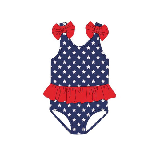 Preorder S0530 Red Bows Ruffle Navy Blue Star Sleeveless Romper Girls Boutique Swimming wear 202503