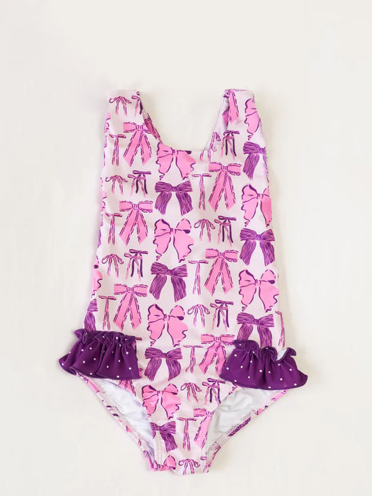 Preorder S0533 Swimming wear Pink Purple ruffle bow sleeveless romper Girls Summer clothes 202502