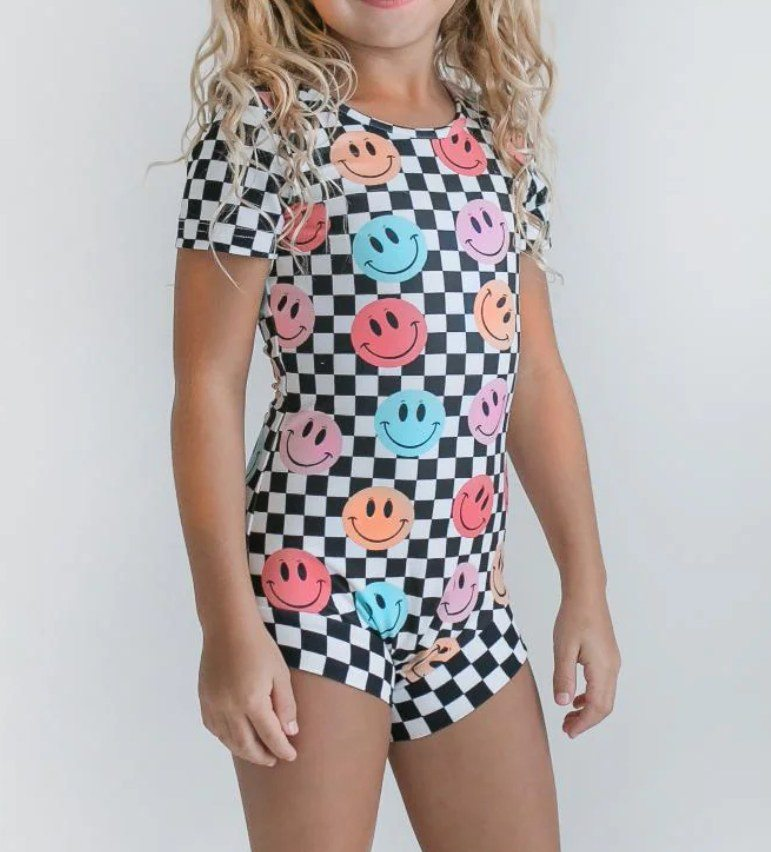 Preorder S0534 Swimming wear Black plaid smile face short sleeve romper Girls Summer clothes 202502